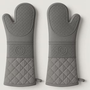 Silicone Oven Mitts Heat Resistant Extra Long Kitchen Mitts with Quilted Cotton Lining Non Slip Grip for Baking Grilling Cooking Professional Gray