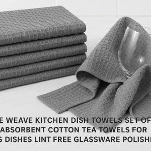 Waffle Weave Kitchen Dish Towels Set of 6 Ultra Absorbent Cotton Tea Towels for Drying Dishes Lint Free Glassware Polishing Cloths Gray