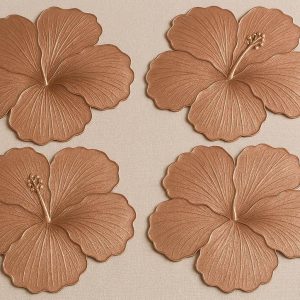 Metallic Pressed Vinyl Placemats Set of 4 Decorative Hibiscus Flower Table Mats for Wedding Party Holiday Dining Room Decor Elegant Rose Gold