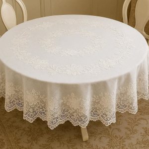 Round Lace Tablecloth 60 Inch Elegant Embroidered Floral Pattern Table Cover for Wedding Party Tea Time Dining Room Decor Vintage Style White