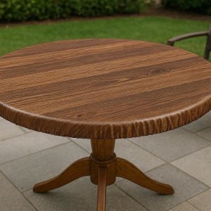 Elastic Edged Round Tablecloth Vinyl Fitted Table Cover with Flannel Backing Waterproof Stay in Place Protection for Patio Outdoor Use Wood Grain