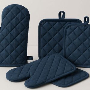 Heavy Duty Cotton Oven Mitts and Pot Holders Set 4 Piece Heat Resistant Kitchen Set with Hanging Loops for Baking Cooking Quilted Navy