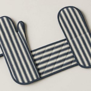 Double Oven Mitt Heat Resistant Long Cotton Kitchen Glove for Baking Handling Large Trays Casseroles and Hot Pots One Piece Design Stripes